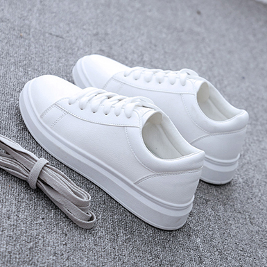 WMNS Flat Sole Athletic Shoes - Lace Front / Padded Tongue  WMNS Flat Sole Athletic Shoes - Lace Front / Padded Tongue